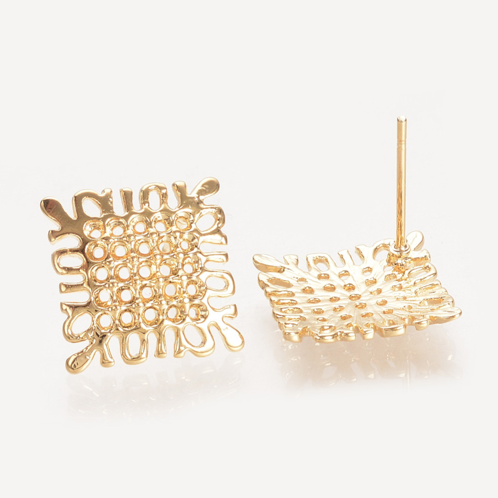 PandaHall Brass Ear Stud Findings, Real Gold Plated, Rhombus, 18x18mm; pin: 0.5mm Brass