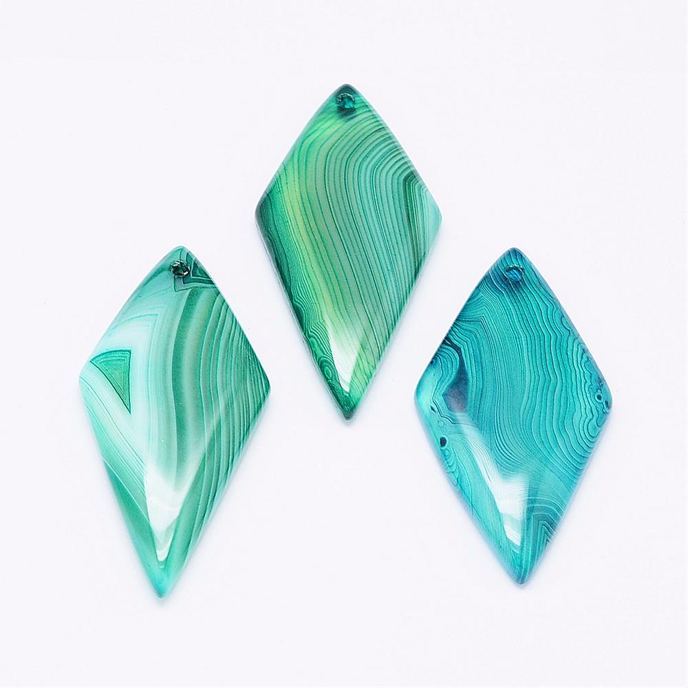 PandaHall Natural Striped Agate/Banded Agate Pendants, Rhombus, Dyed, 44.5x22x6mm, Hole: 2mm Banded Agate Rhombus Green