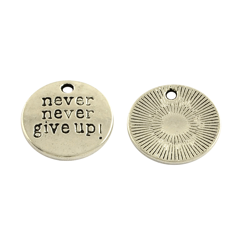 PandaHall Tibetan Style Alloy Flat Round Carved Word Never Give Up Pendants, Lead Free & Cadmium Free, Antique Silver, 20x2.5mm, Hole: 2mm;...