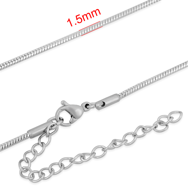 PandaHall 316 Stainless Steel Snake Chain Necklaces, with Lobster Claw Clasp and Extend Chains, Stainless Steel Color, 17.7"(45cm); 1.5mm;...