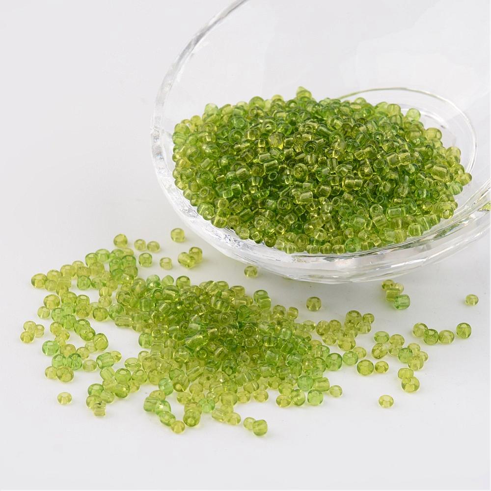 PandaHall 8/0 Glass Seed Beads, Transparent, Round, GreenYellow, 3mm, Hole: 1mm; about 1097pcs/50g Glass Green