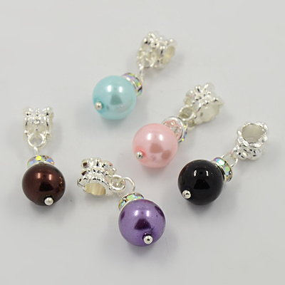 PandaHall Imitation Pearl  Acrylic European Dangle Pendants, with Brass Findings and Rhinestone, Silver Metal Color, Mixed Color, 29mm, Hole...