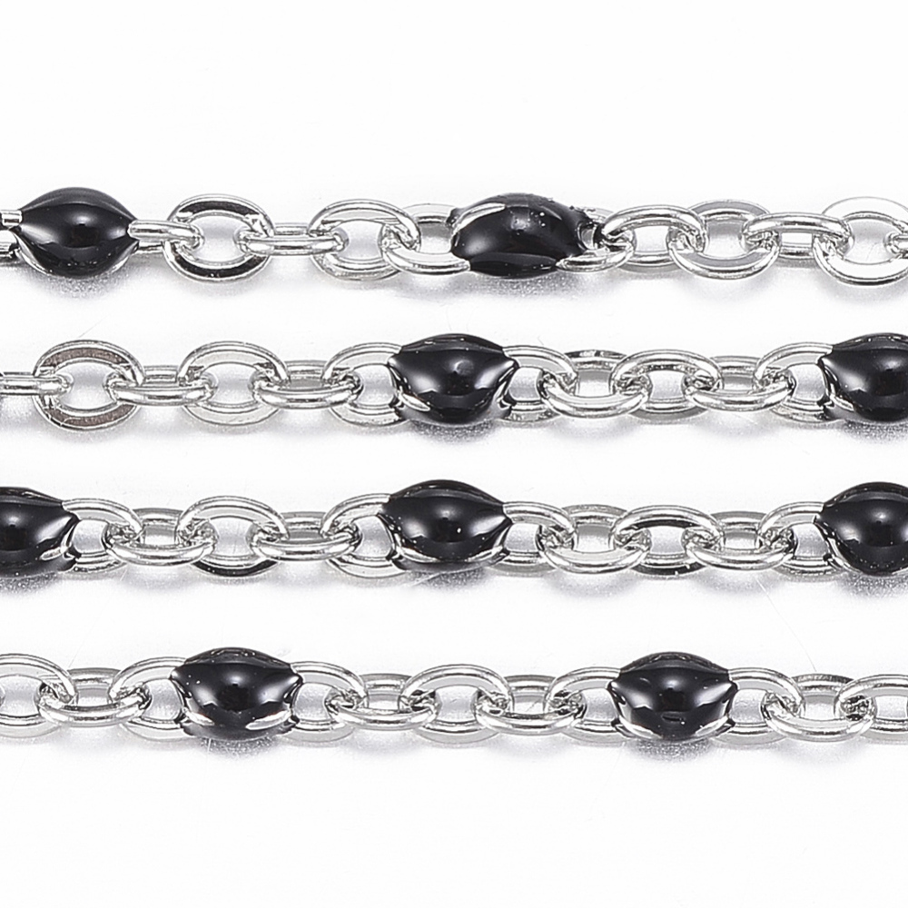 PandaHall 304 Stainless Steel Cable Chains, with Spool, with Enamel, Stainless Steel Color, Black, Links: 2x1.5x0.5mm; 10m/Roll Stainless...