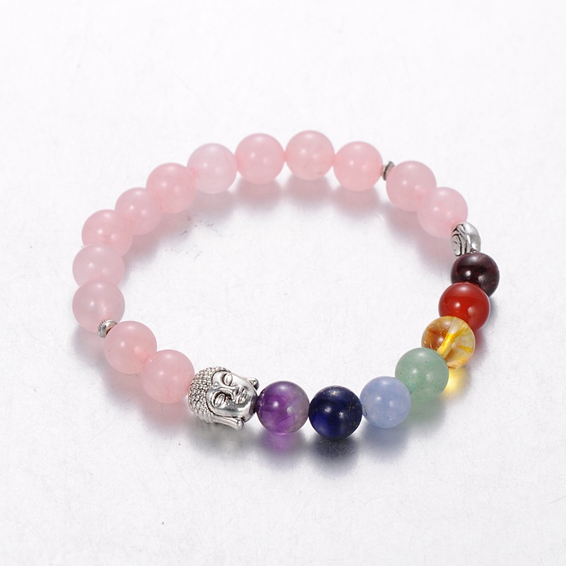 PandaHall Stretch Buddhist Jewelry Multi-Color Gemstone Chakra Bracelets, Antique Silver, Rose Quartz, 55mm Rose Quartz Pink