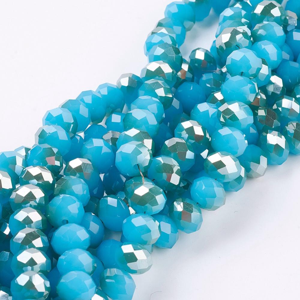 PandaHall Electroplate Glass Faceted Rondelle Beads Strands, Imitation Jade, Half Plated, Turquoise, 10x8mm, Hole: 1mm; about 72pcs/strand...