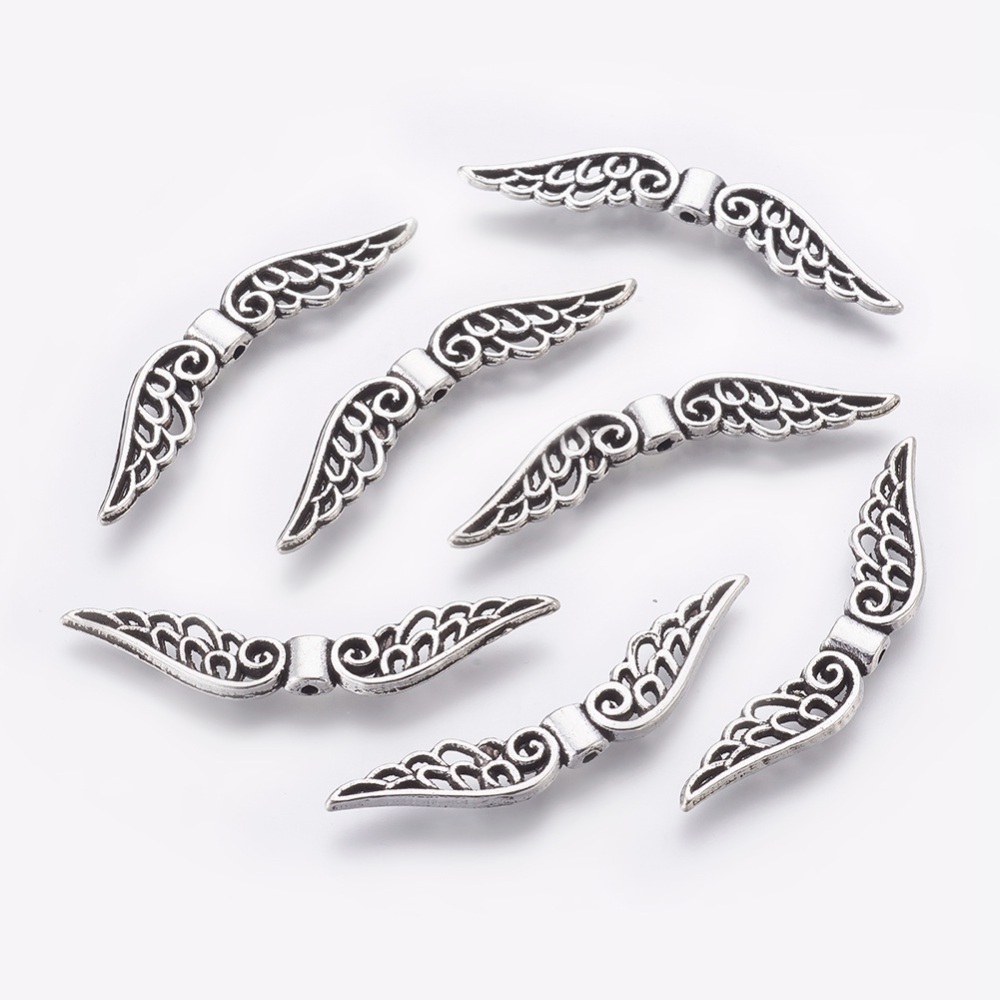 PandaHall Tibetan Style Alloy Wing Beads, Lead Free, Antique Silver, 11x52x4mm, Hole: 2mm Alloy Wing