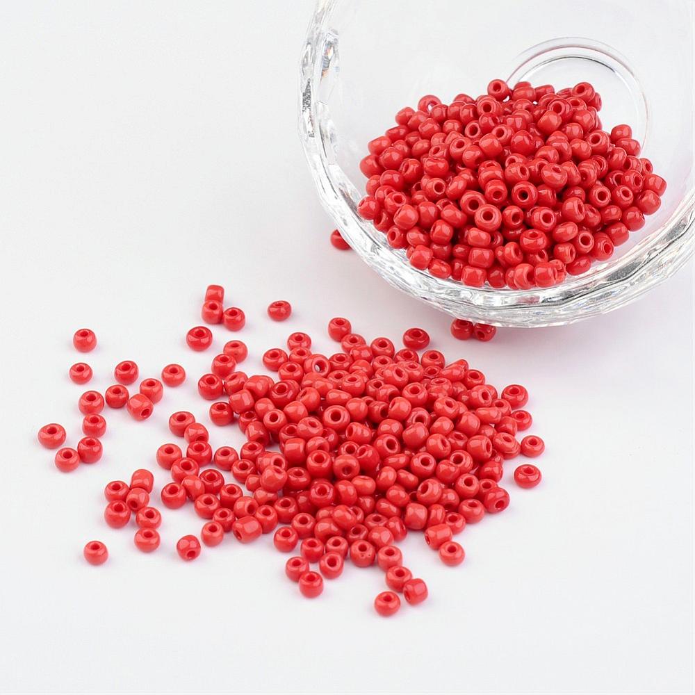 PandaHall 8/0 Opaque Colours Round Glass Seed Beads, Crimson, Size: about 3mm in diameter, hole:1mm, about 1101pcs/50g Glass Pink