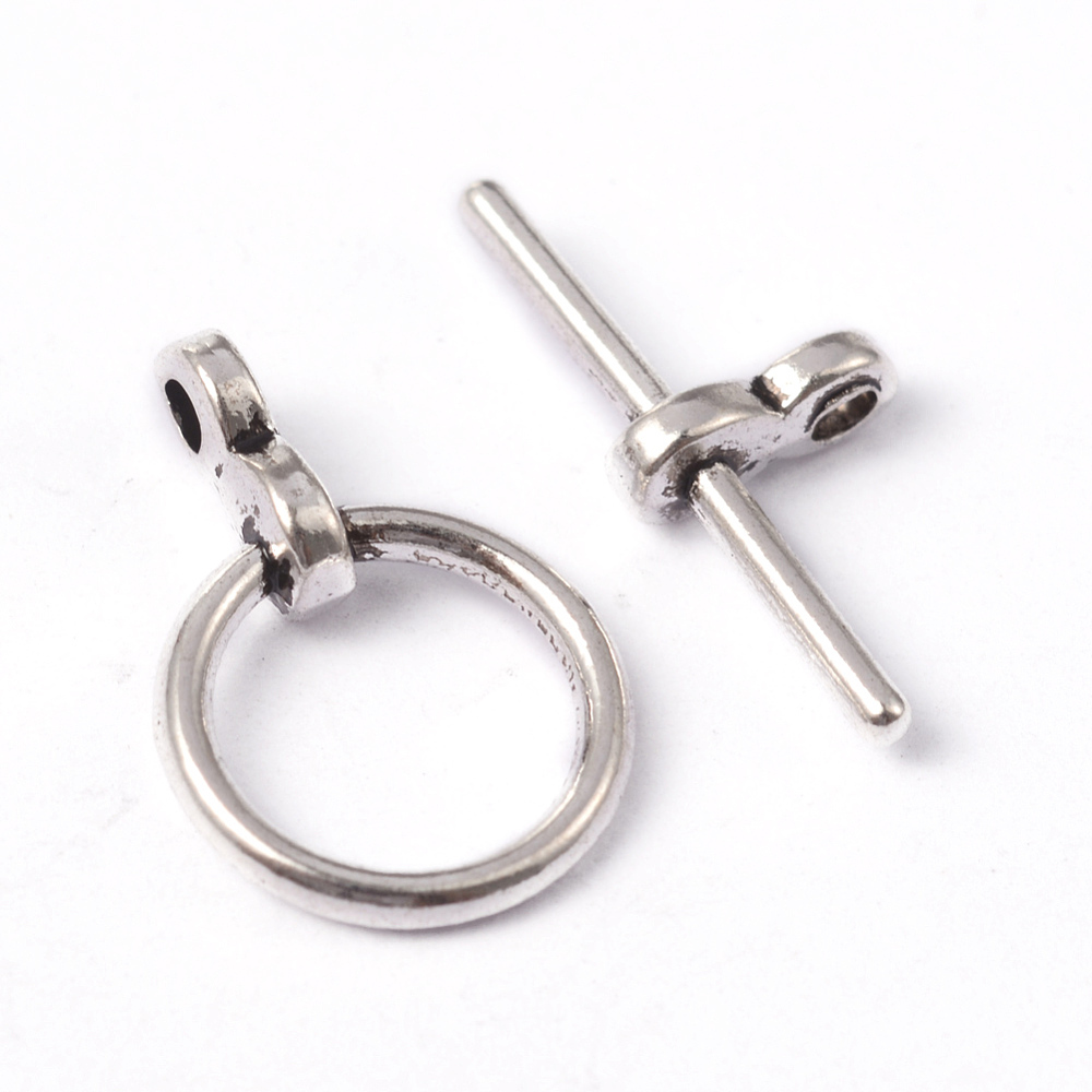 PandaHall Tibetan Style Toggle Clasps, Donut, Antique Silver, Donut: 12x1.5mm, Hole: 1.5mm; Bar: 8x19x1.5mm, Hole: 1.5mm Alloy Donut
