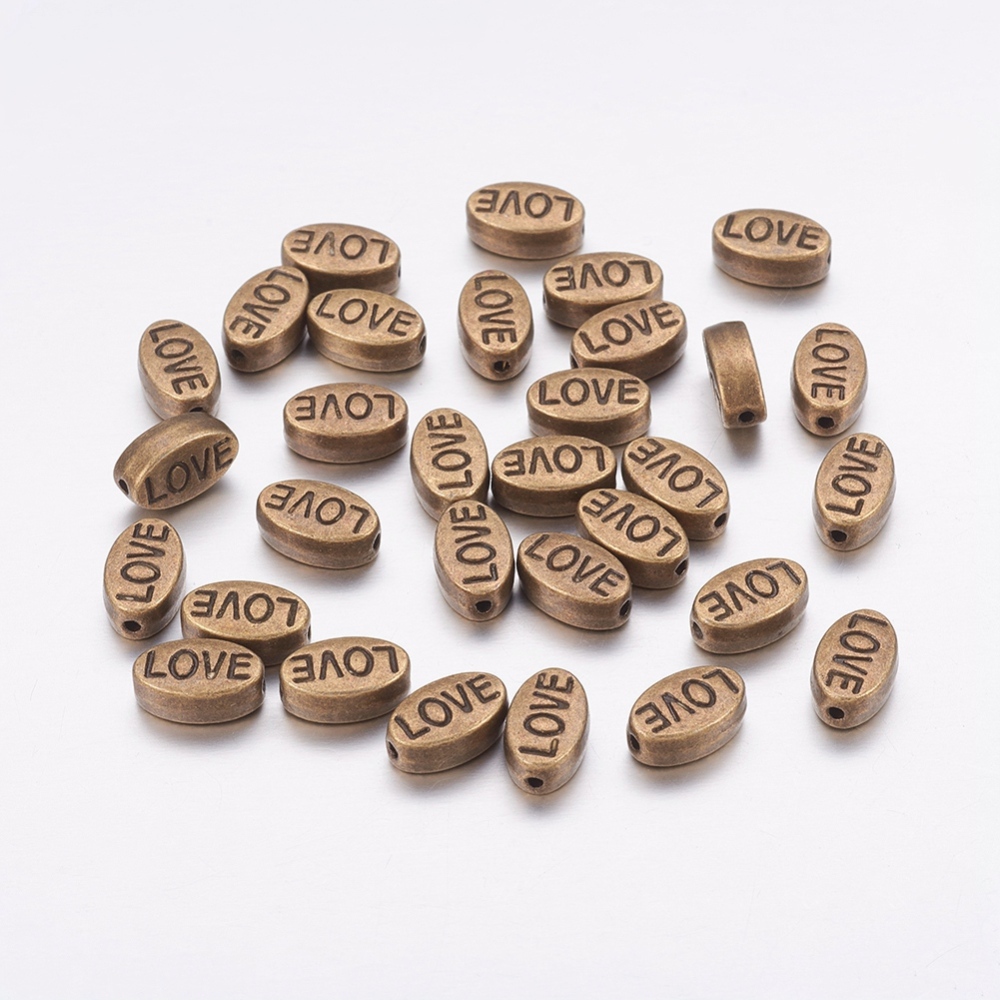 PandaHall Valentine's Day Cadmium Free & Nickel Free & Lead Free Antique Bronze Tibetan Style Beads, Oval with Word Love, 10x6x4mm, Hole...