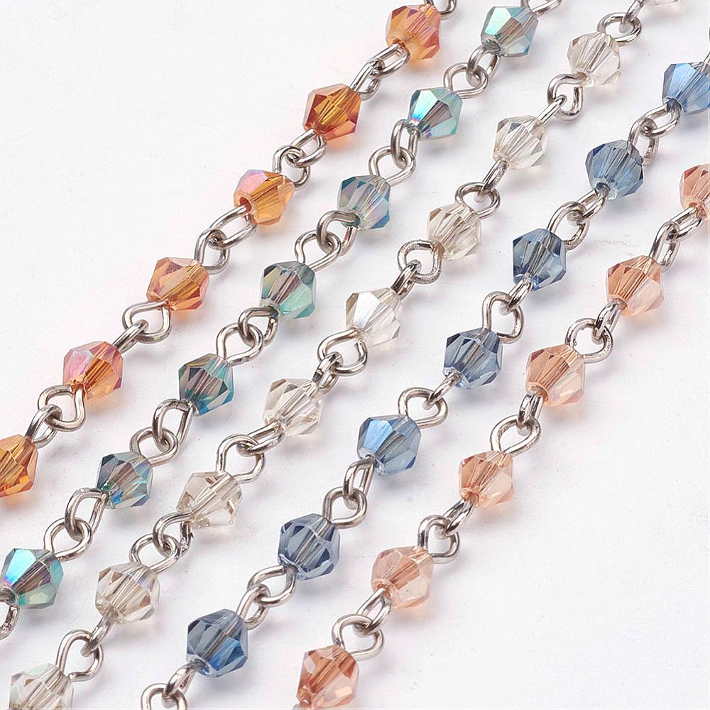 PandaHall Handmade Electroplate Glass Beads Chains, with Iron Eye Pin, Mixed Color, 39.37''(1m) Iron+Glass Multicolor