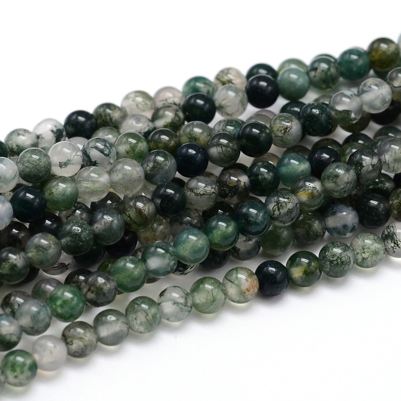 PandaHall Natural Gemstone Round Bead Strands, Moss Agate, 6mm, Hole: 1mm; about 64pcs/strand, 16" Moss Agate Round