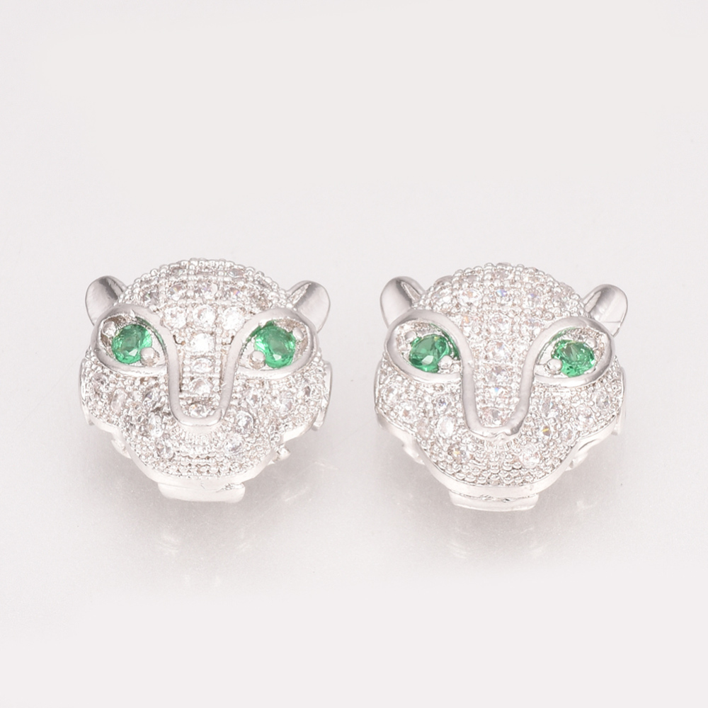 PandaHall Brass Micro Pave Cubic Zirconia Beads, Leopard, Platinum, 11x11x6mm, Hole: 1.5mm Brass+Cubic Zirconia Leopard