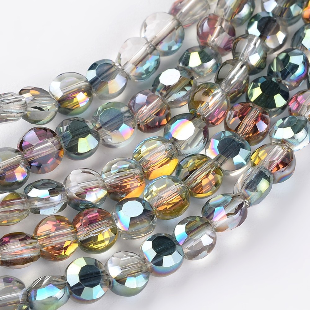 PandaHall Electroplate Glass Bead Strands, Half Rainbow Plated, Flat Round, Faceted, MediumTurquoise, 5~6x4mm, Hole: 1mm; about 72pcs/strand...