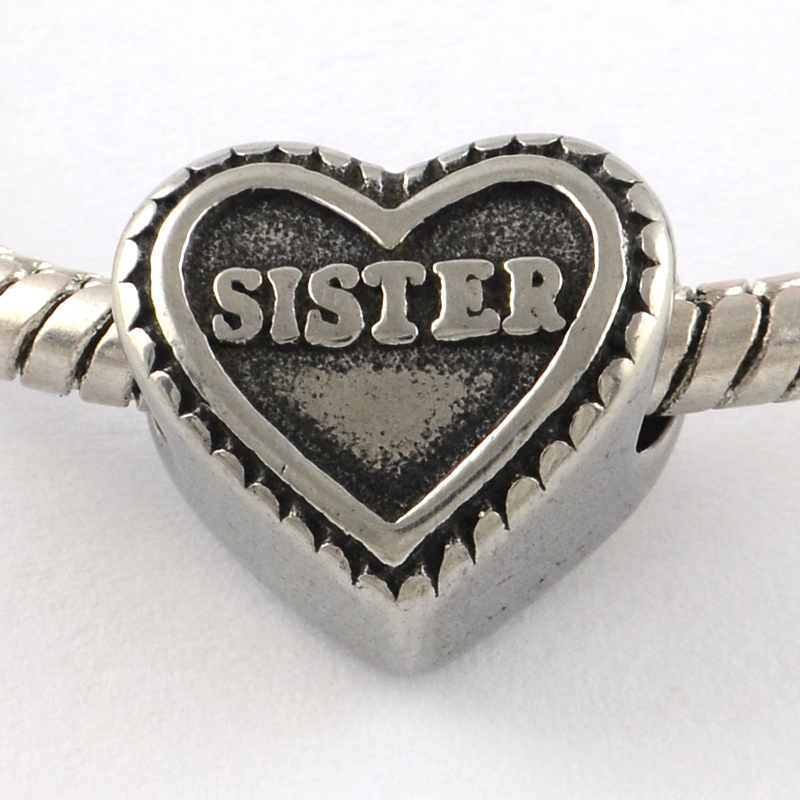 PandaHall Vintage Heart 316 Stainless Steel European Beads, Large Hole Beads, with Word Sister, Antique Silver, 11~12x12~13x8~9mm, Hole: 5mm...