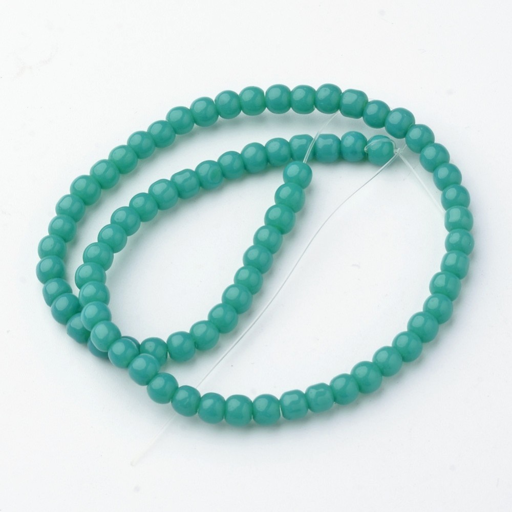 PandaHall Opaque Glass Bead Strands, Round, Dyed, LightSeaGreen, 4mm, Hole: 1mm; about 72pcs/strand, 10.3" Glass Round Green