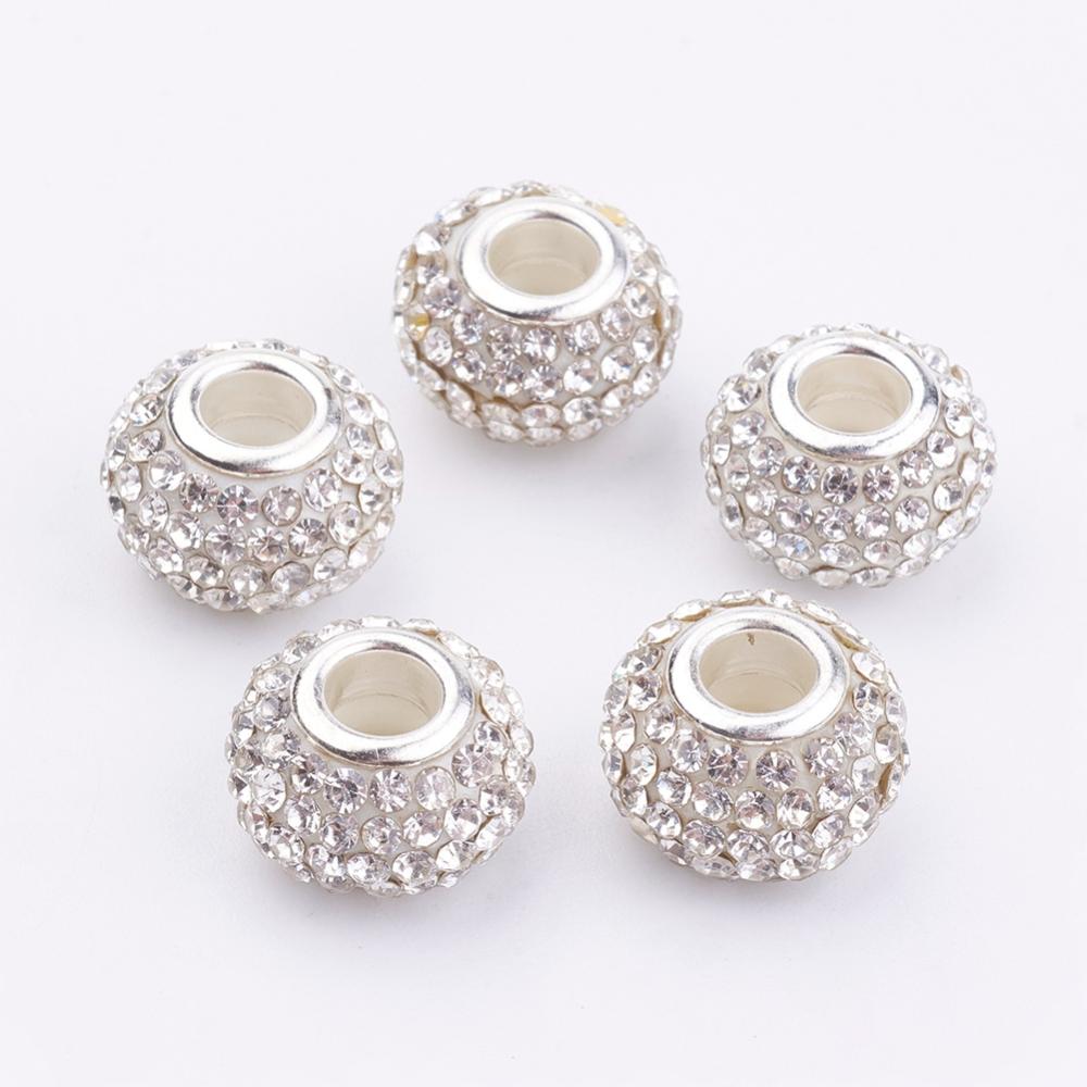 PandaHall Grade A Rhinestone Big Hole European Beads for Charm Bracelets, Resin, with Silver Color Brass Core, Rondelle, Clear, Size: about...