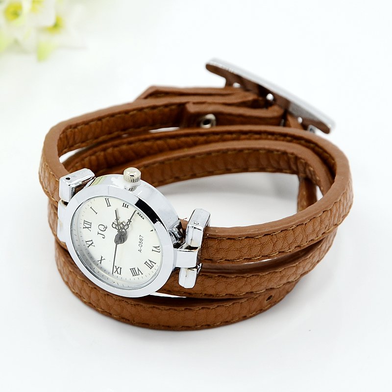 PandaHall Fashionable PU Leather Wrap Watch Bracelets, with Alloy Watch Face and Alloy Findings, Platinum Metal Color, SaddleBrown, 620x8mm;...