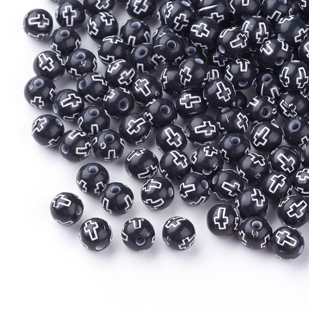 PandaHall Craft Style Acrylic Beads, Round with Cross, Black, 8mm, Hole: 2mm; about 2000pcs/500g Acrylic Round Black