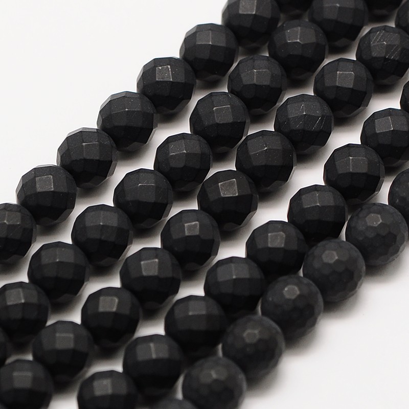 PandaHall Frosted Natural Black Agate Bead Strands, Faceted Round, 8mm, Hole: 1.5mm; about 49pcs/strand, 15.5" Black Agate Round Black