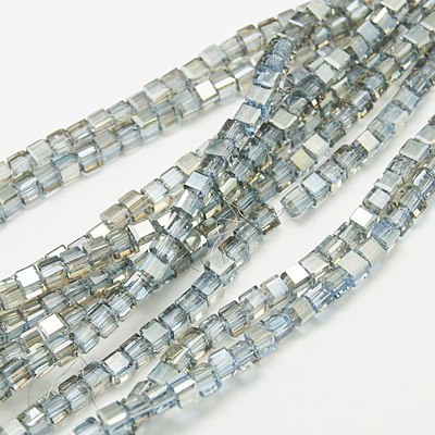 PandaHall Electroplate Glass Beads Strands, Half Plated, Faceted Cube, Azure, 4x4x4mm, Hole: 1mm; about 100pcs/strand, 16.9" Cube Blue