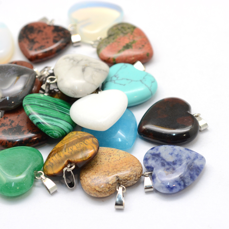 PandaHall Heart Gemstone Pendants, with Platinum Tone Brass Findings, 20~22x20~21x5~8mm, Hole: 2x7mm Mixed Stone Heart