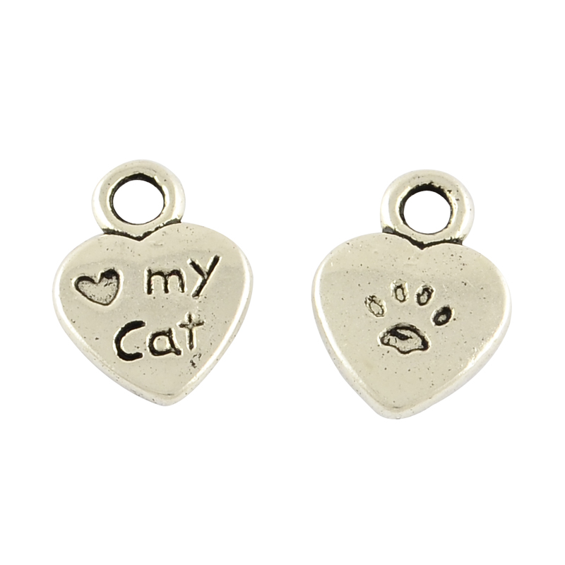 PandaHall Tibetan Style Alloy Charms, Heart with Word my cat, Cadmium Free & Nickel Free & Lead Free, Antique Silver, 12x9x1.5mm, Hole: 2mm...