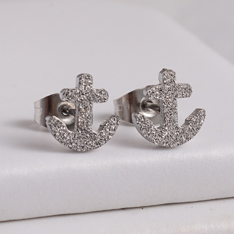 PandaHall Anchor 304 Stainless Steel Stardust Stud Earrings, Stainless Steel Color, 8.5x8mm; Pin: 0.6mm Stainless Steel