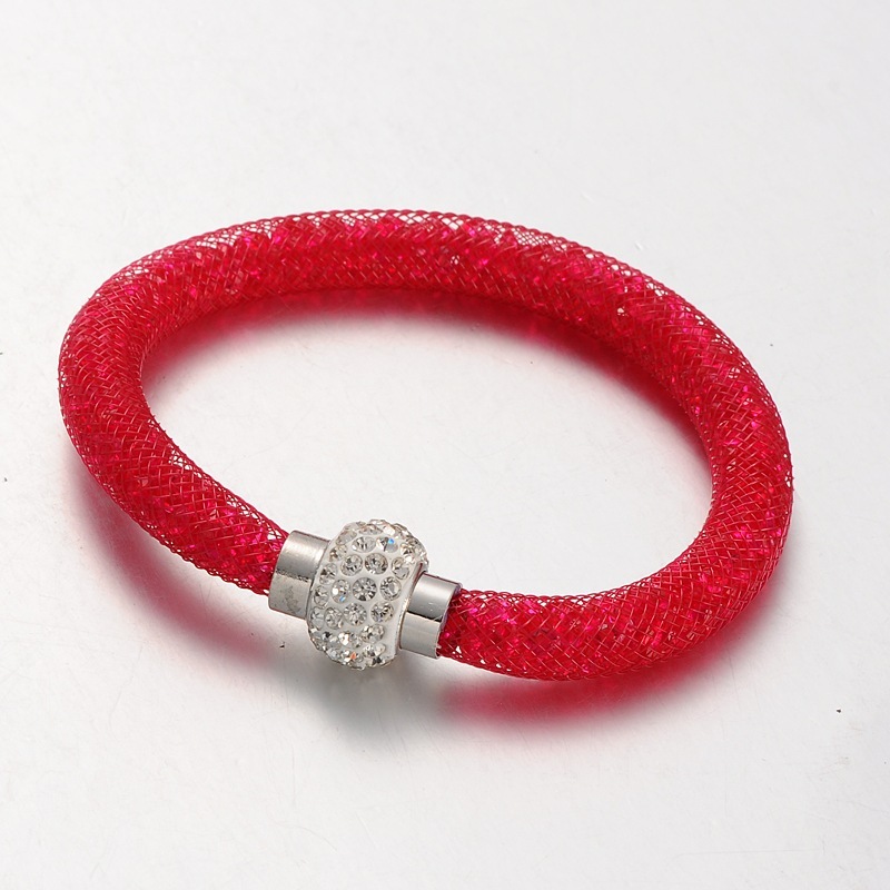PandaHall Plastic Mesh Bracelets, with Acrylic Rhinestone and Polymer Clay Rhinestone Magnetic Clasps, Platinum, Red, 210x8mm Rhinestone Red
