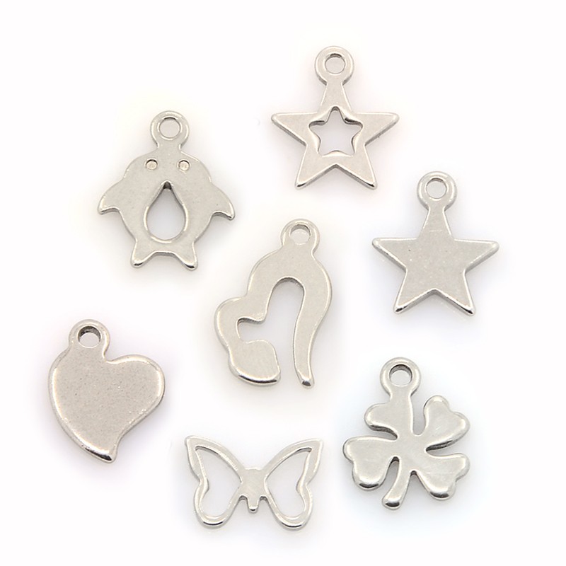 PandaHall 304 Stainless Steel Charms Mixed Shapes Pendants, Stainless Steel Color, 7~13x6~12x1mm, Hole: 1~3x5mm Stainless Steel Mixed Shapes