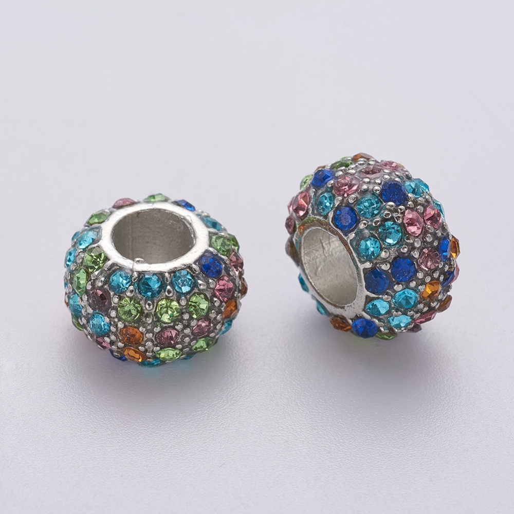 PandaHall Glass Rhinestone European Beads, Large Hole Beads, Alloy, No Metal Core, Lead Free and Cadmium Free, Rondelle, Platinum...