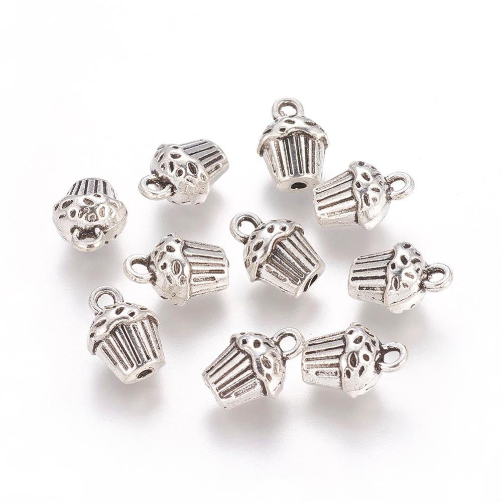 PandaHall Antique Silver Alloy Cake Pendants, Lead Free, 14x10x8mm, Hole: 2mm, Half Drilled: 2mm Alloy Food