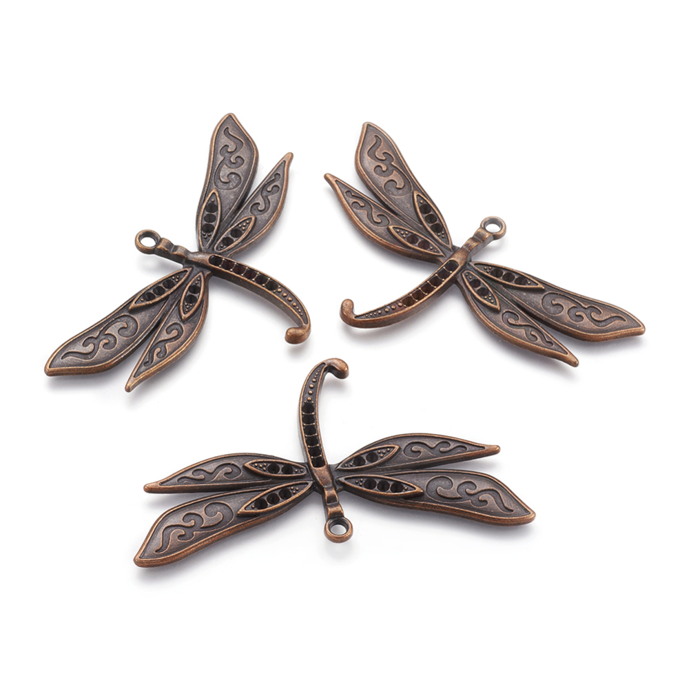 PandaHall Tibetan Style Pendant Rhinestone Settings, Lead Free & Nickel Free, Dragonfly, Red Copper, 42x77x4mm, Hole: 3.5mm; Fit for 1mm and...