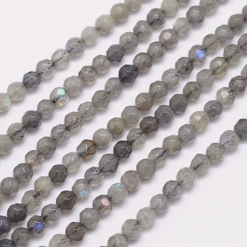 PandaHall Faceted Round Natural Labradorite Bead Strands, 4mm, Hole: 1mm; about 100pcs/strand, 15.5" Labradorite Round Gray