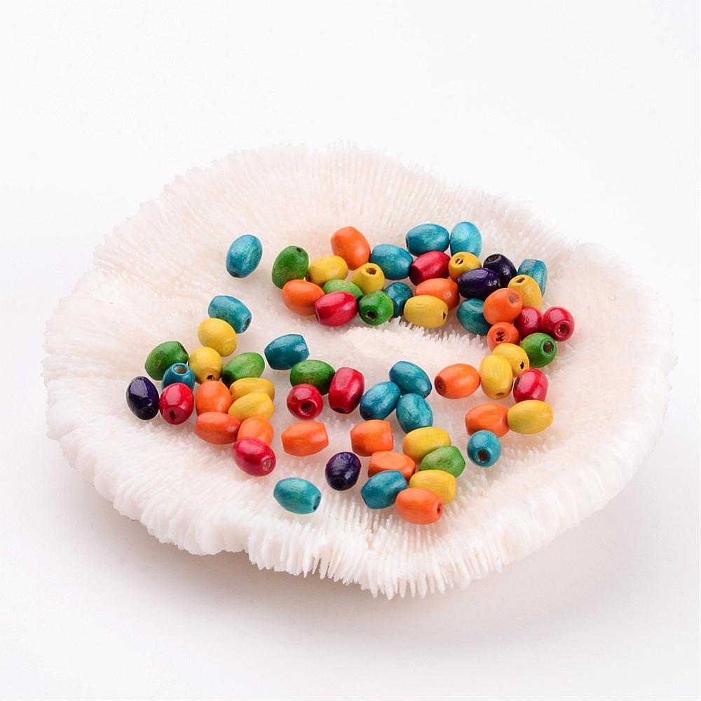 PandaHall 100PCS Mixed Lead Free Oval Wood Beads, Dyed, 4x6mm, hole: about 1.5mm Wood Oval Multicolor