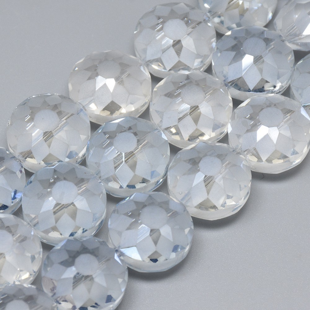 PandaHall Electroplate Glass Beads Strands, Rainbow Plated, Faceted, Flat Round, Clear, 14x10mm, Hole: 1.5mm; about 50pcs/strand, 26.77"...