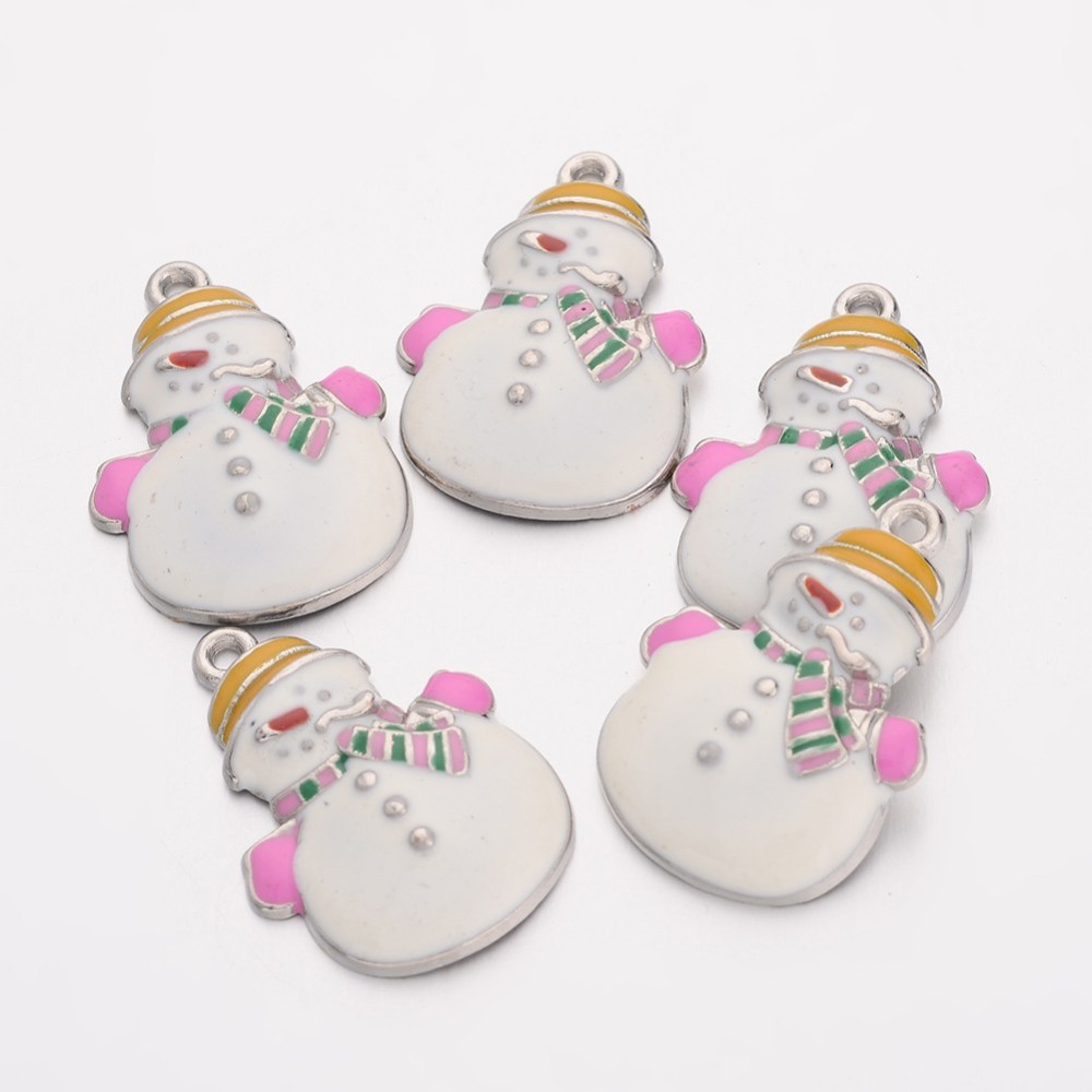 PandaHall Alloy Enamel Pendants, Christmas Snowman, White, Platinum, about 25mm long, 17mm wide, 4mm thick, hole: 2mm Alloy+Enamel Human...