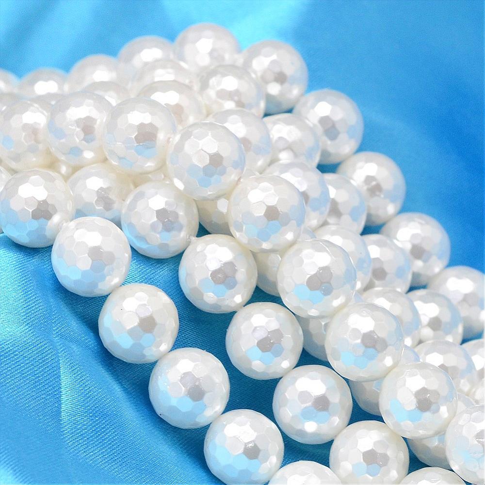 PandaHall Faceted Round Shell Pearl Bead Strands, White, 12mm, Hole: 1mm; about 33pcs/strand, 15.74" Shell Pearl Round White
