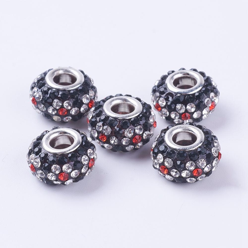 PandaHall Resin European Beads, with Silver Color Brass Double Cores and Rhinestones, Rondelle, Jet & Crystal, 15x9.4mm, Hole: 5mm Round...