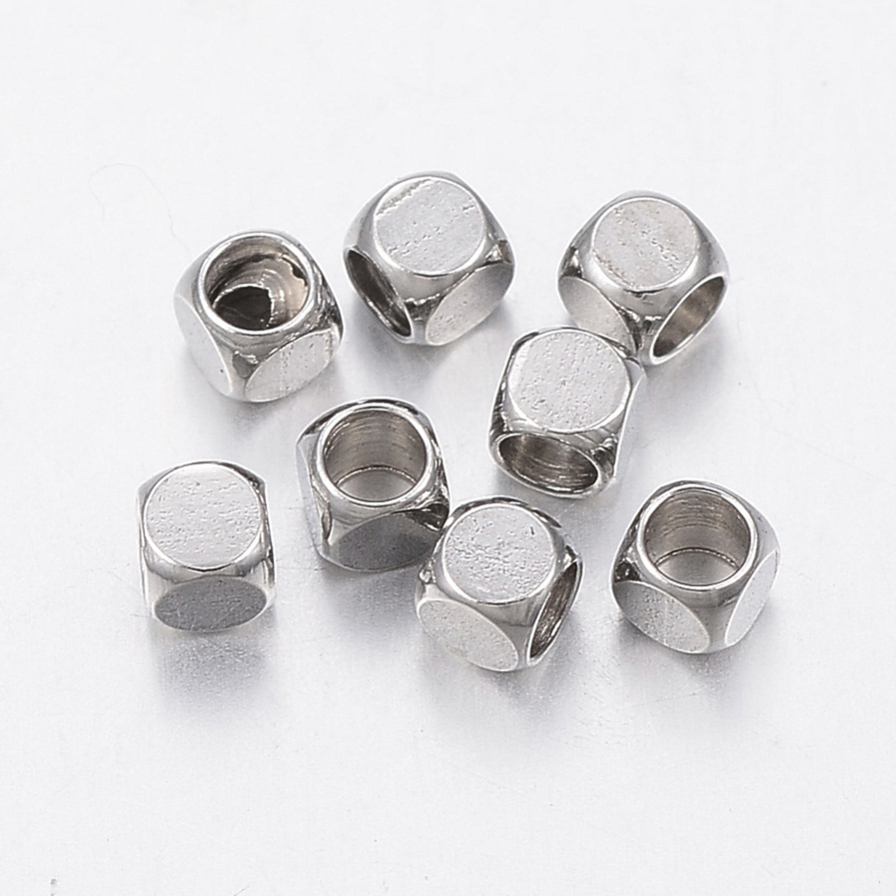 PandaHall 304 Stainless Steel Beads, Cube, Stainless Steel Color, 2x2x2mm, Hole: 1.5mm Stainless Steel Cube