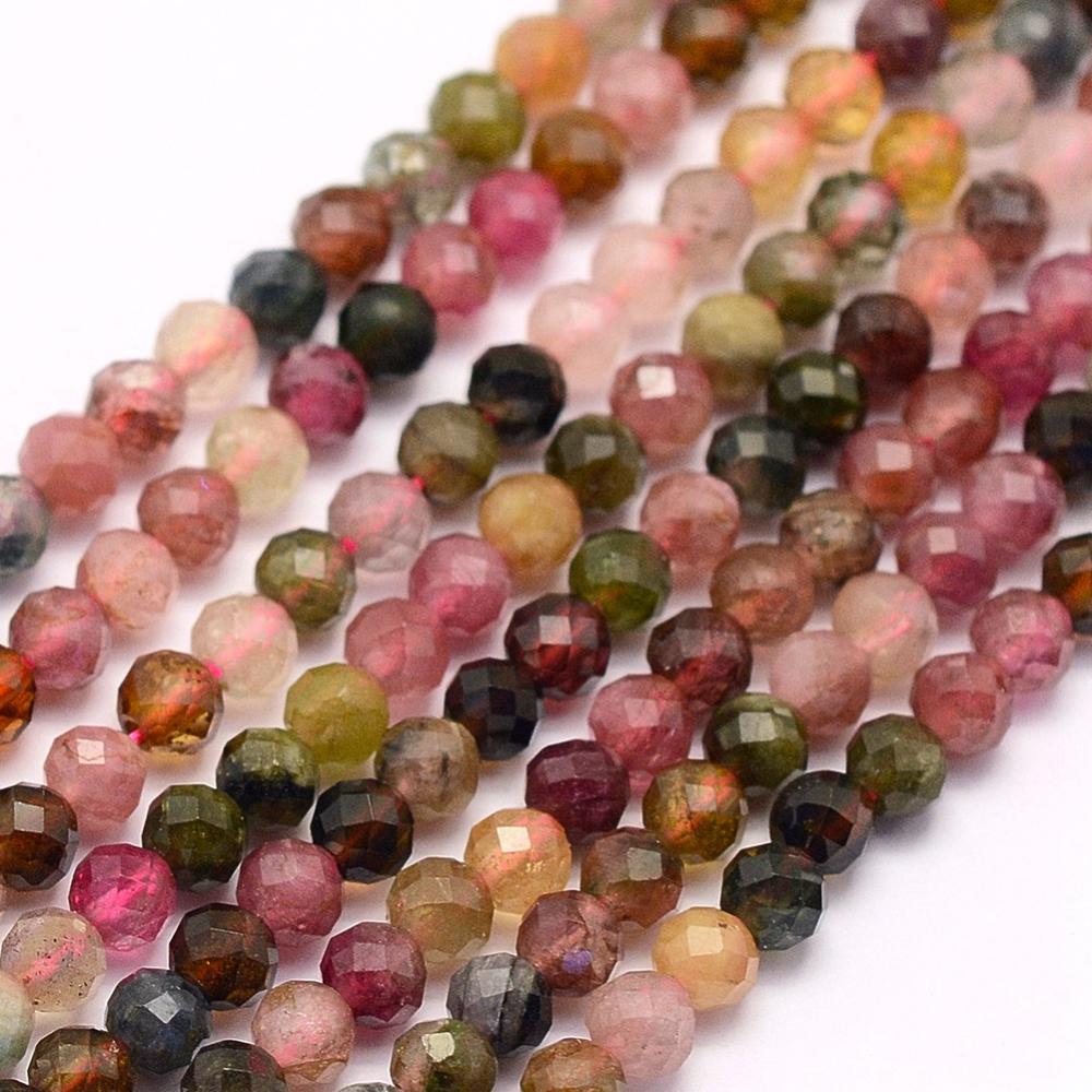 PandaHall Natural Tourmaline Beads Strands, Faceted, Round, 3mm, Hole: 0.5mm; about 132pcs/strand, 15.5"(39.5cm) Tourmaline Round