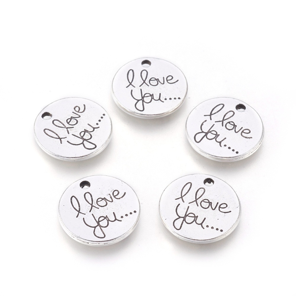 PandaHall Tibetan Style Valentine's Day Alloy Pendants, Flat Round with Words I Love You, Lead Free & Nickel Free, Antique Silver, 20x3mm...