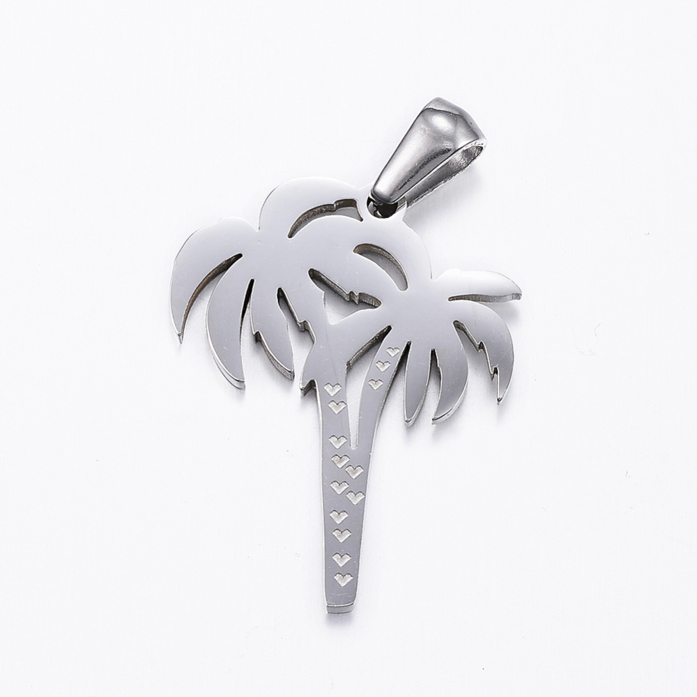 PandaHall 304 Stainless Steel Pendants, Coconut Tree, Stainless Steel Color, 25x19.5x1.5mm, Hole: 5x3mm Stainless Steel Tree