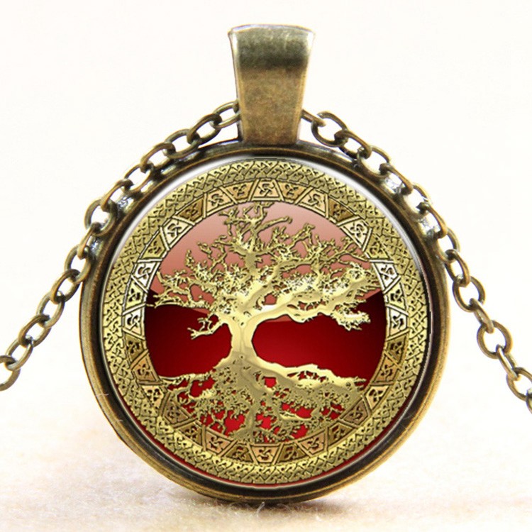 PandaHall Flat Round with Golden Tree Glass Alloy Pendant Necklaces, Antique Bronze, 17.7" Glass