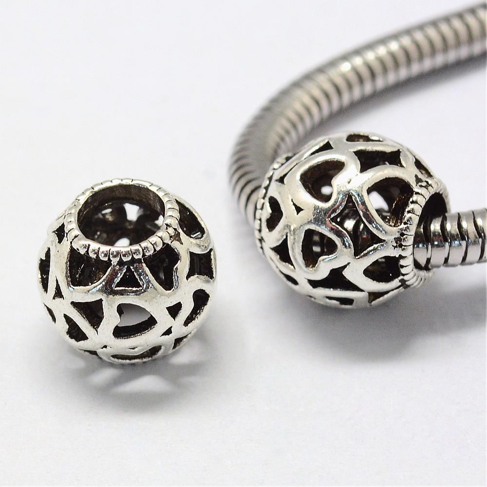 PandaHall Alloy European Beads, Tibetan Style, Large Hole Beads, Rondelle with Heart, Hollow, Antique Silver, 10x10mm, Hole: 5mm Alloy...