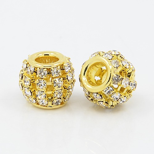 PandaHall Brass Rhinestone European Beads, Large Hole Beads, Rondelle, Golden Metal Color, Crystal, 12x10mm, Hole: 4mm Rondelle