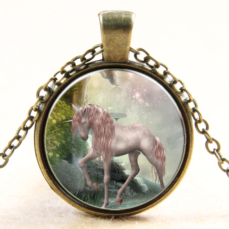 PandaHall Unicorn Pattern Flat Round Glass Pendant Necklaces, with Alloy Chains, Antique Bronze, 18" Alloy