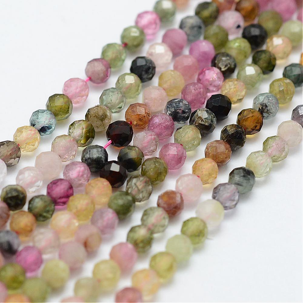 PandaHall Natural Tourmaline Bead Strands, Round, Faceted, 3mm, Hole: 0.5mm; about 130pcs/strand, 15.3"(39cm) Tourmaline Round