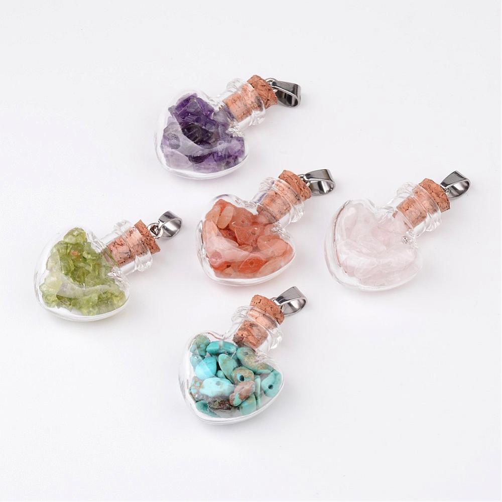 PandaHall Heart Glass Bottle with Gemstone inside Pendants, with 304 Stainelss Steel Findings, 31x22x11mm, Hole: 7x4mm Mixed Stone Heart