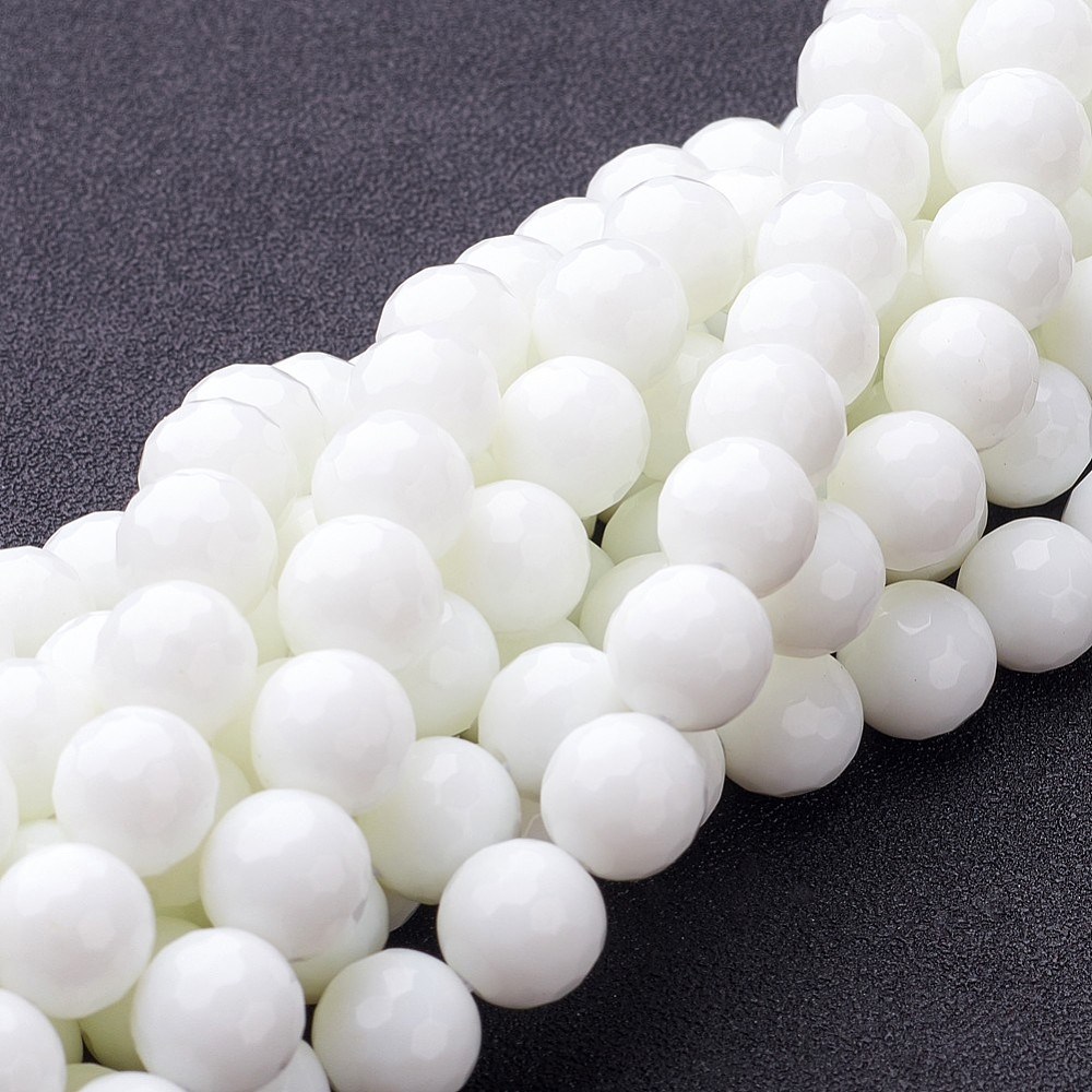 PandaHall Natural White Jade Beads Strands, Dyed, Faceted, Round, White, 10mm, Hole: 1mm; about 38pcs/strand, 16" White Jade Round White