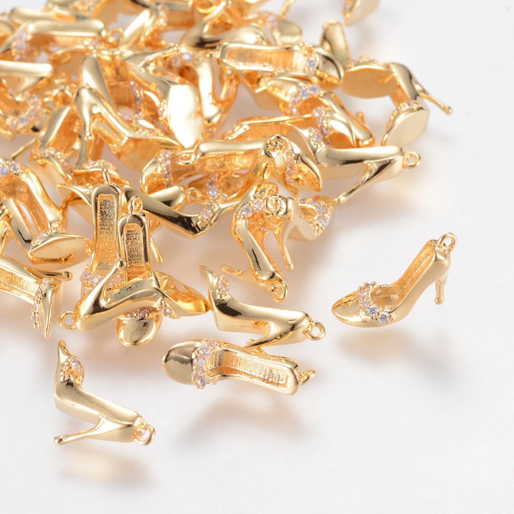 PandaHall Brass Rhinestone Pendants, Real Gold Plated, High-Heeled Shoes, 10x4.5x9mm, Hole: 1mm Brass+Rhinestone Shoes